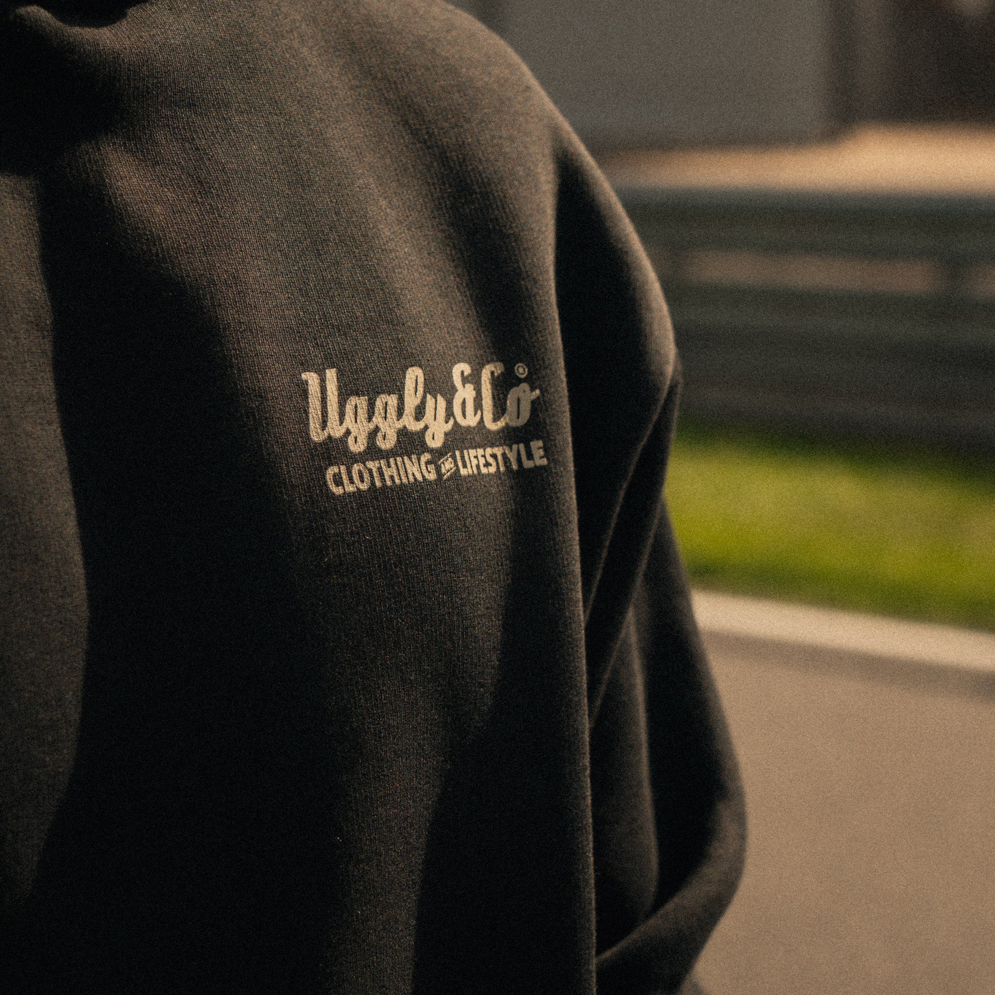 Close-up of the chest logo on the R&G Crash Protection x Diamond Hoodie