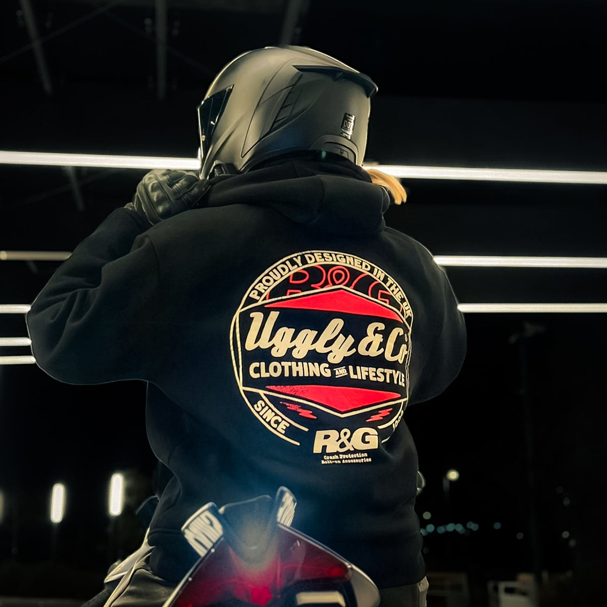 R&G Crash Protection x Diamond Hoodie in a motorcycle lifestyle setting