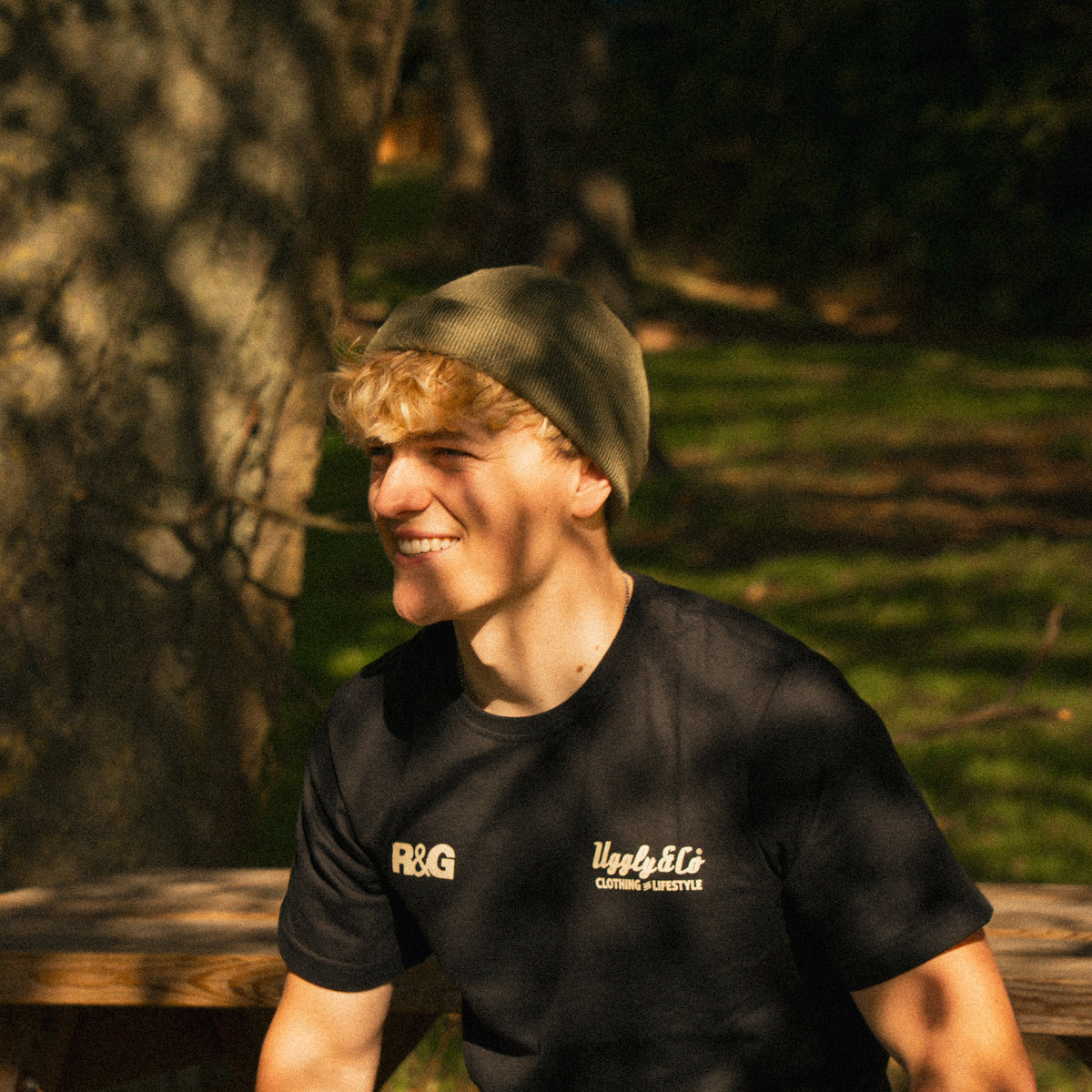 Rhys Irwin wearing the Olive Fisherman Beanie from the front