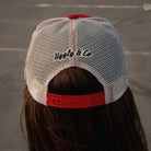 Back view of the Smokin’ Red Label Diamond Trucker Hat showing the mesh and adjustable closure