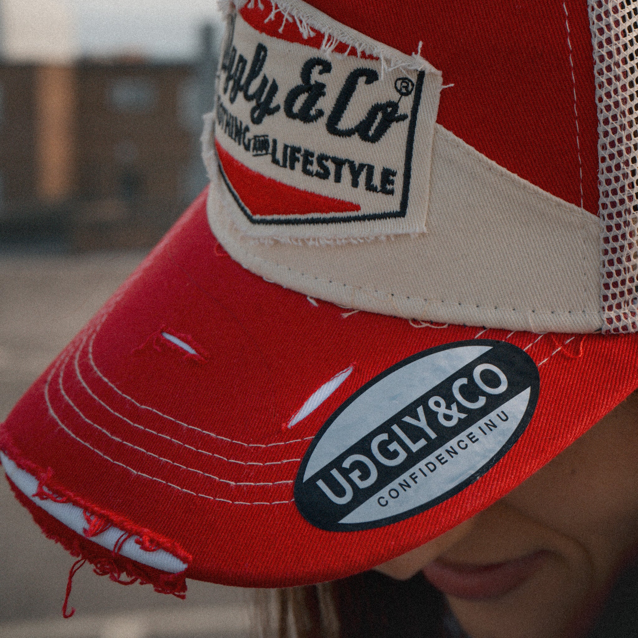 Close up detail of the Smokin’ Red Label Diamond Trucker Hat. Marlboro inspired cap