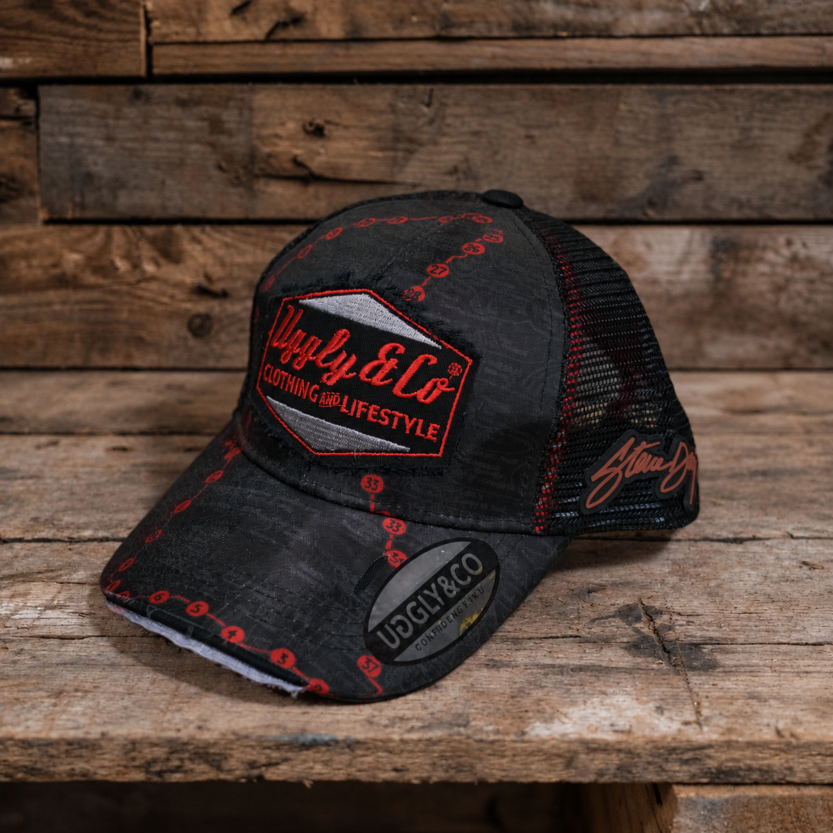 Steve Day ‘The Map’ x Diamond trucker cap by Uggly & Co, front view with map graphic and curved peak