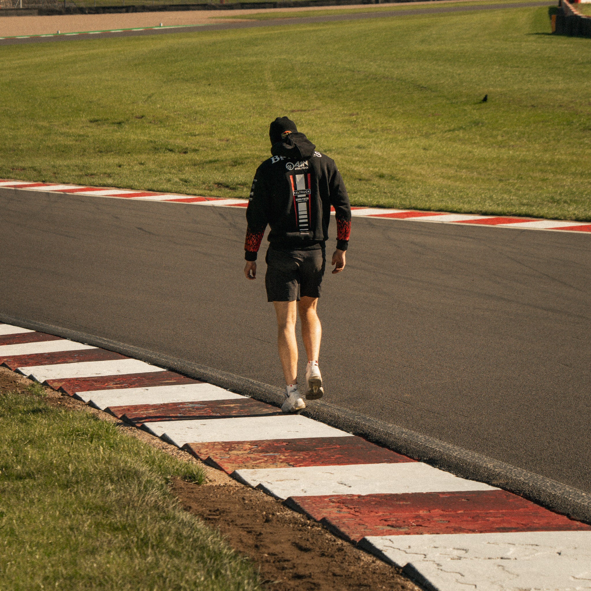 Storm Stacey wearing the Bathams Racing x AJN Steelstock Road Racing Hoodie at donnington park