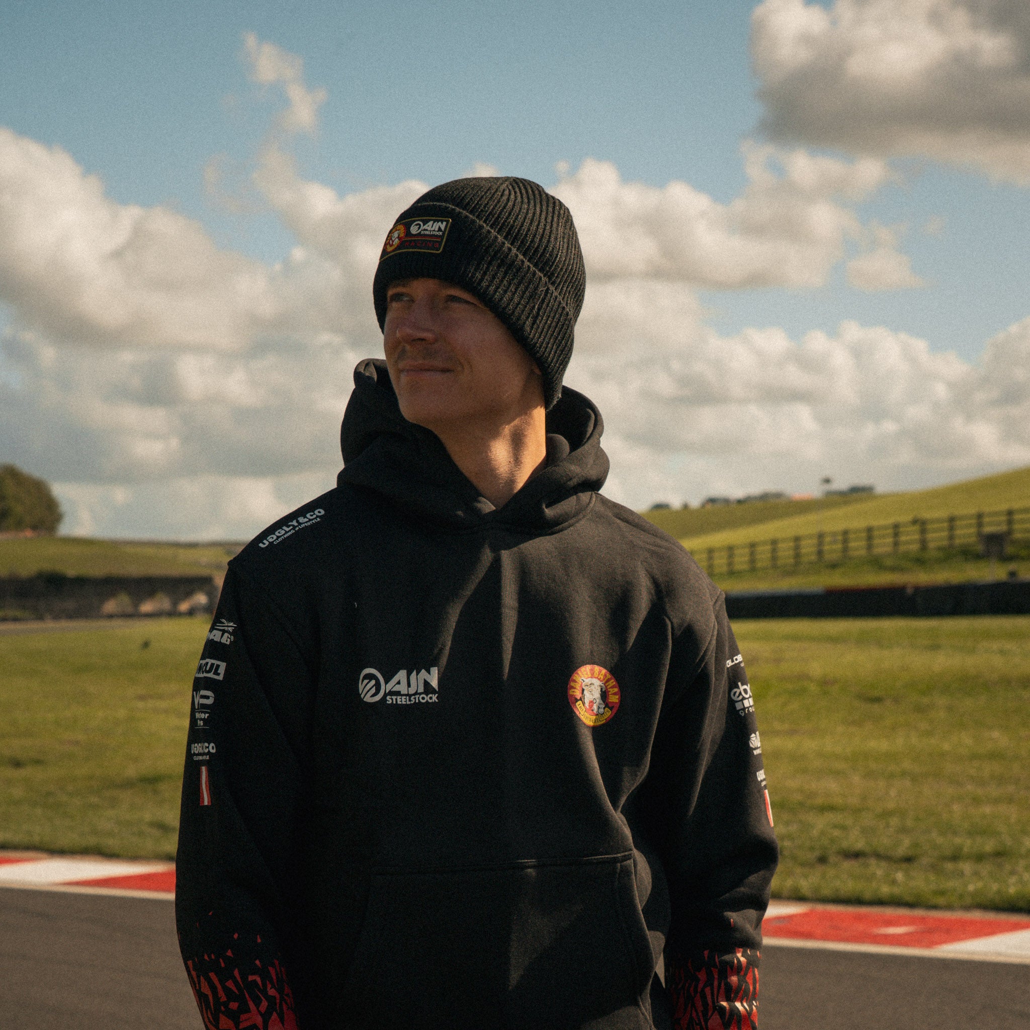 Storm Stacey wearing the Bathams Racing x Diamond Beanie