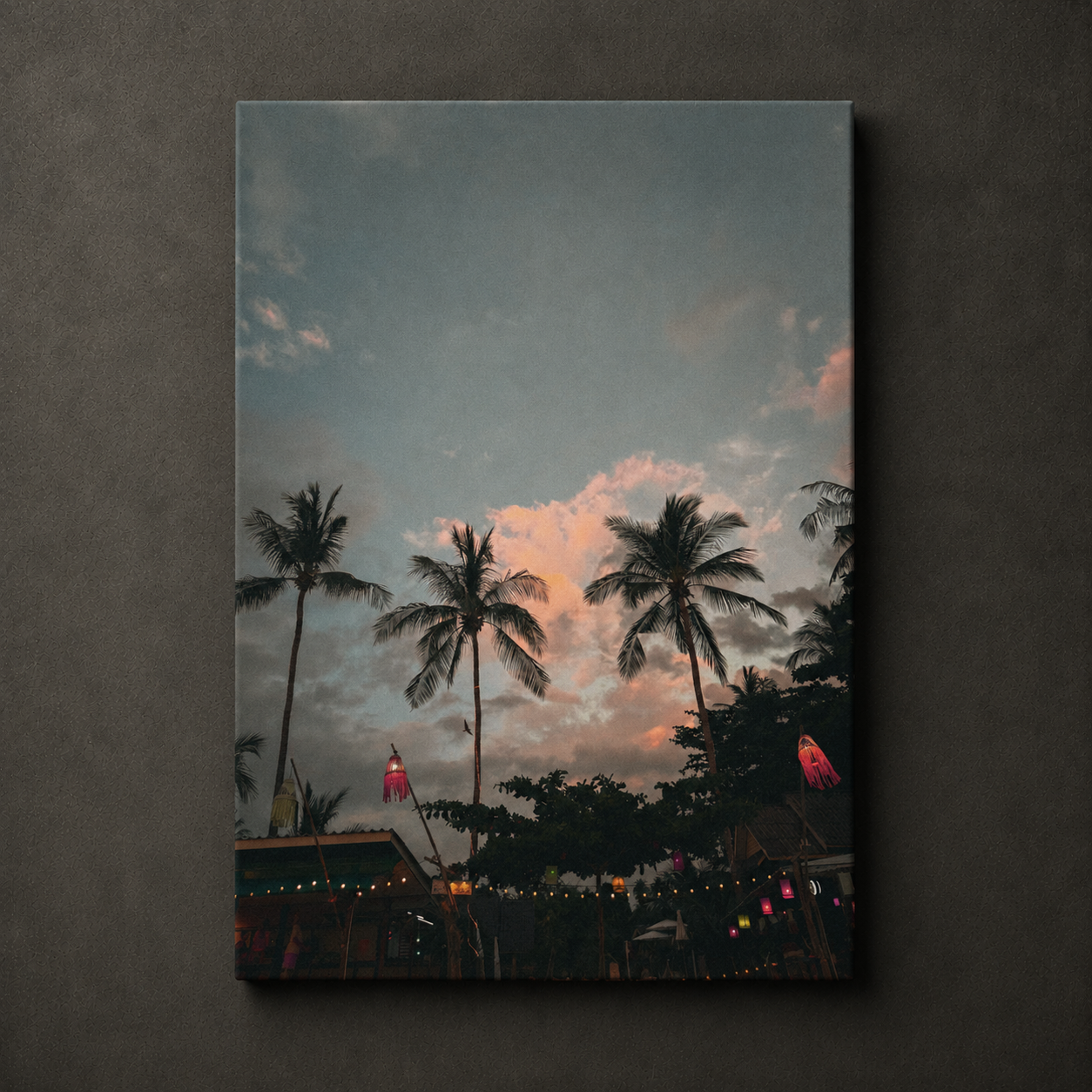 Palm trees silhouetted against a dusk sky with warm clouds and evening lights, shown as scenic canvas wall art. Thailand beach