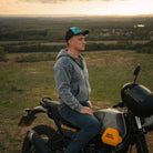 Uggly & Co Turquoise & Black Diamond Cap styled alongside a Scram 411 motorcycle