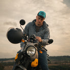 Turquoise & Black Diamond Cap photographed with a Royal Enfield Scram 411