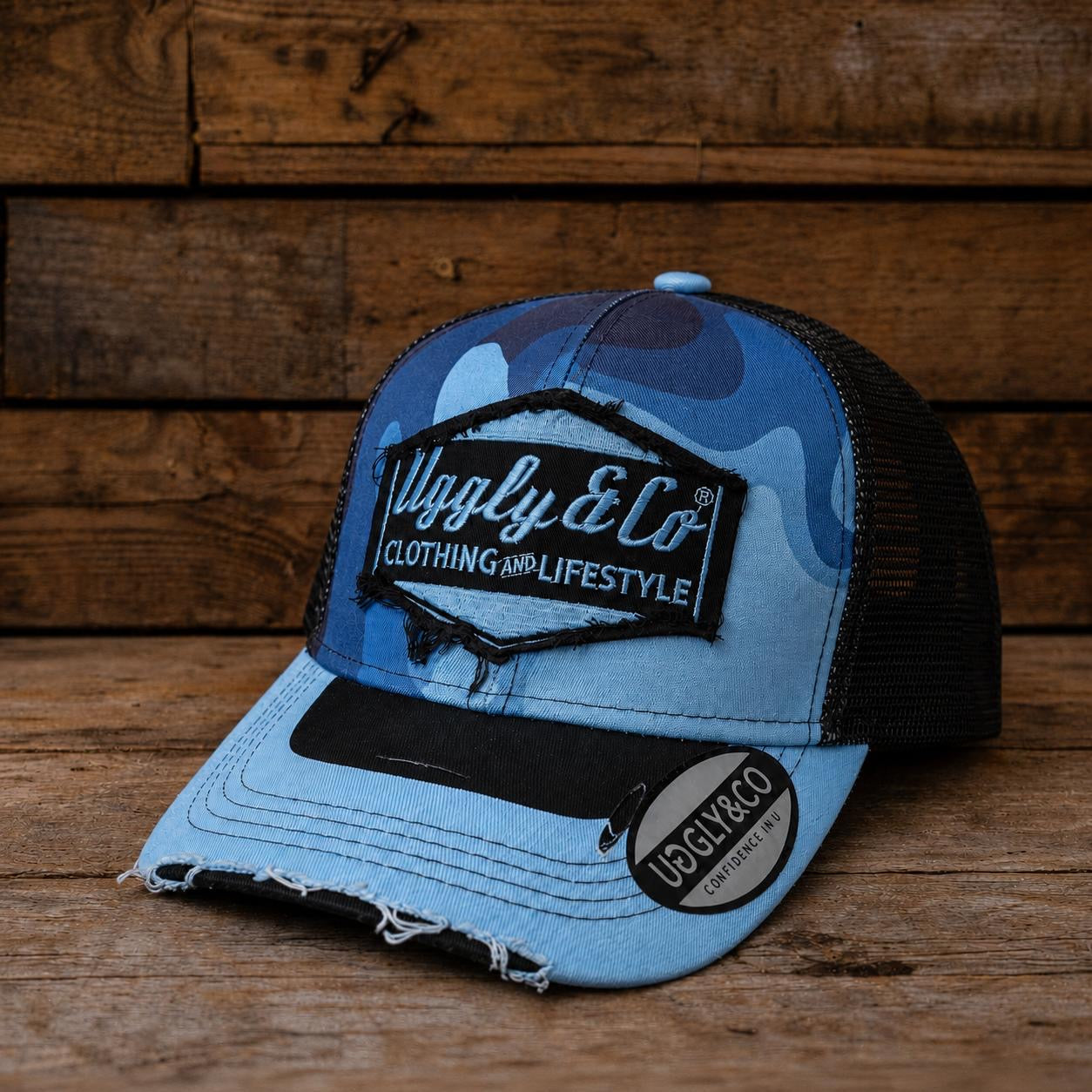 Blue motorcycle trucker cap featuring Two Stroke Smoker design