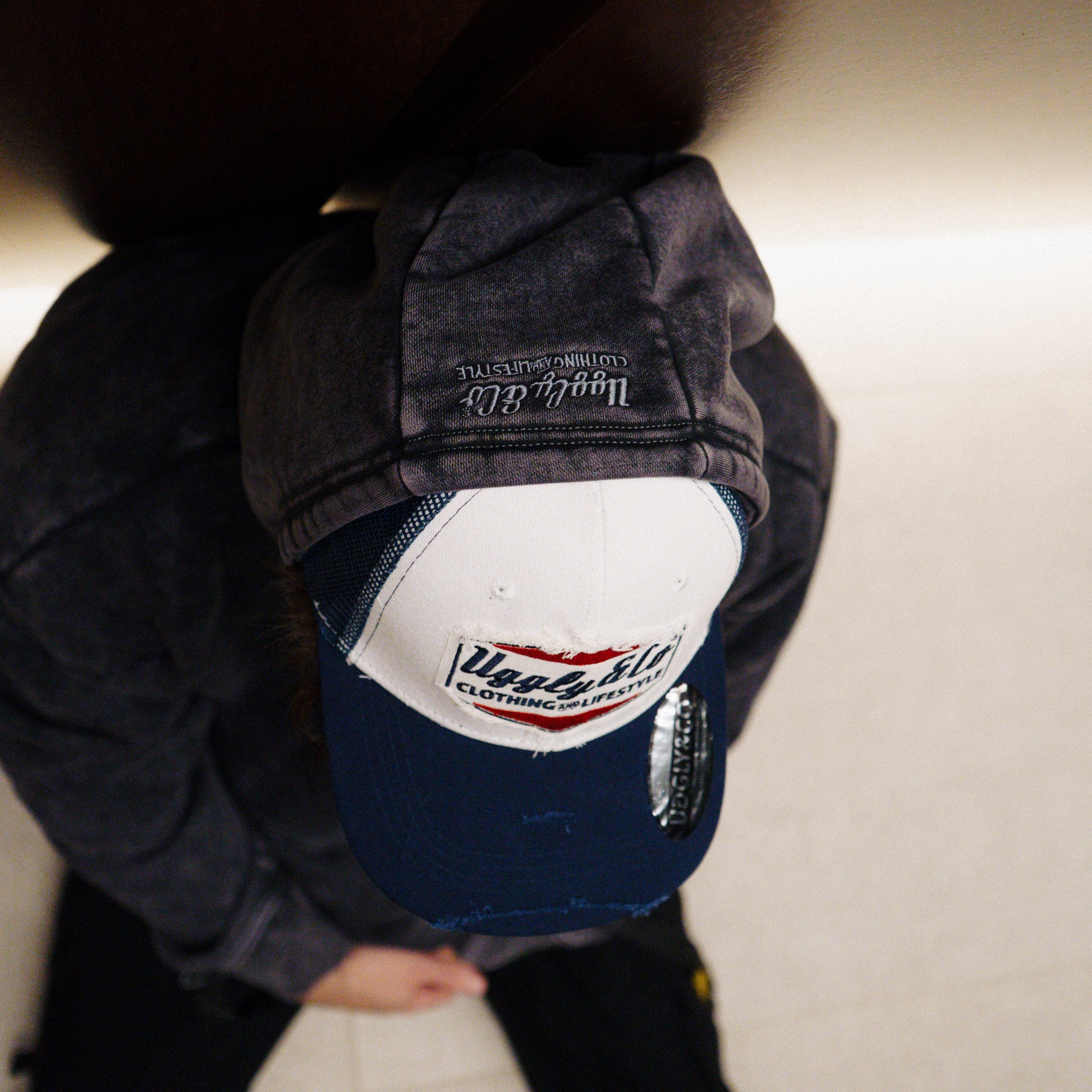 Uggly & Co Navy Blue & White Diamond Trucker Hat top view