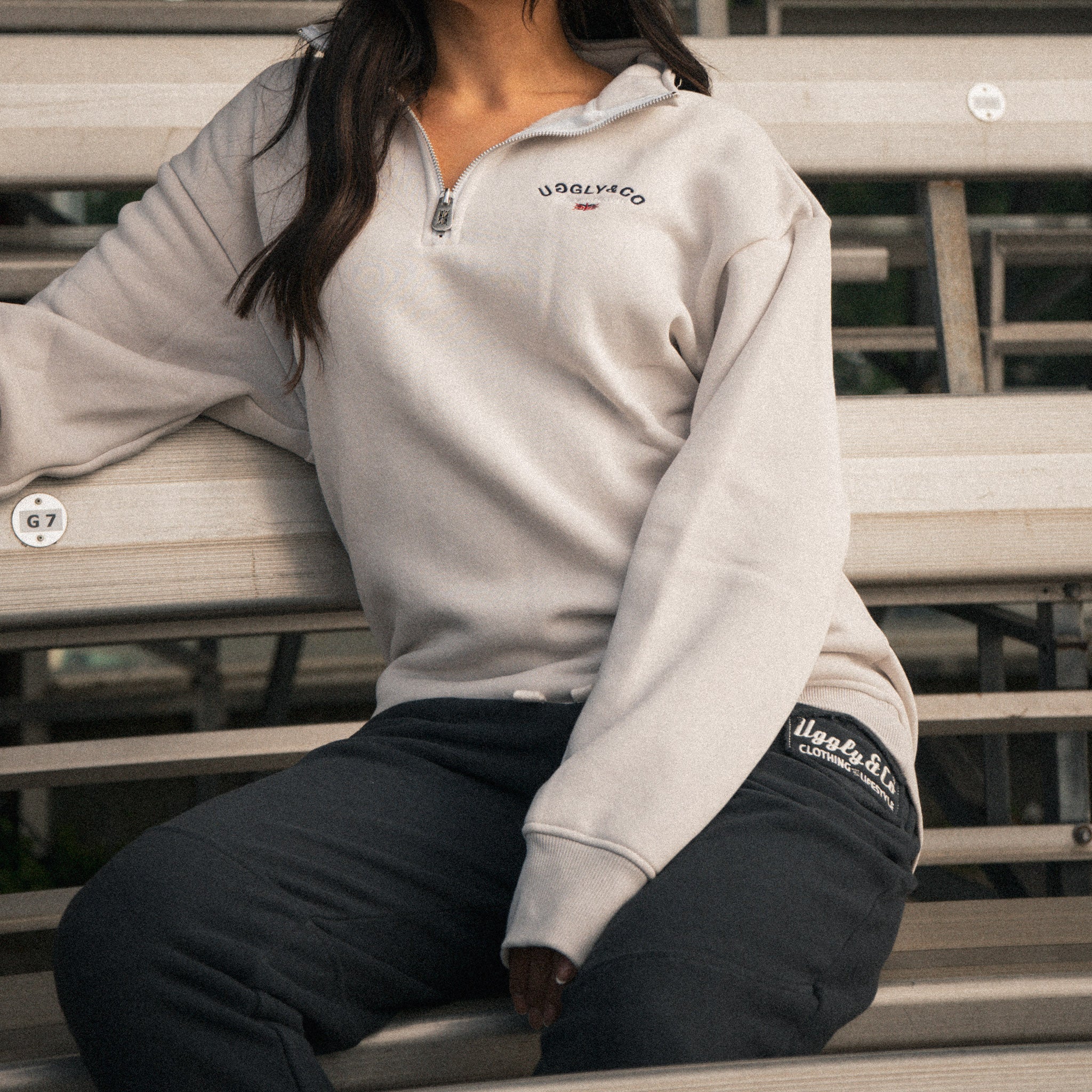 Female model wearing the Vintage Asphalt Black Diamond Heavyweight Joggers from the front