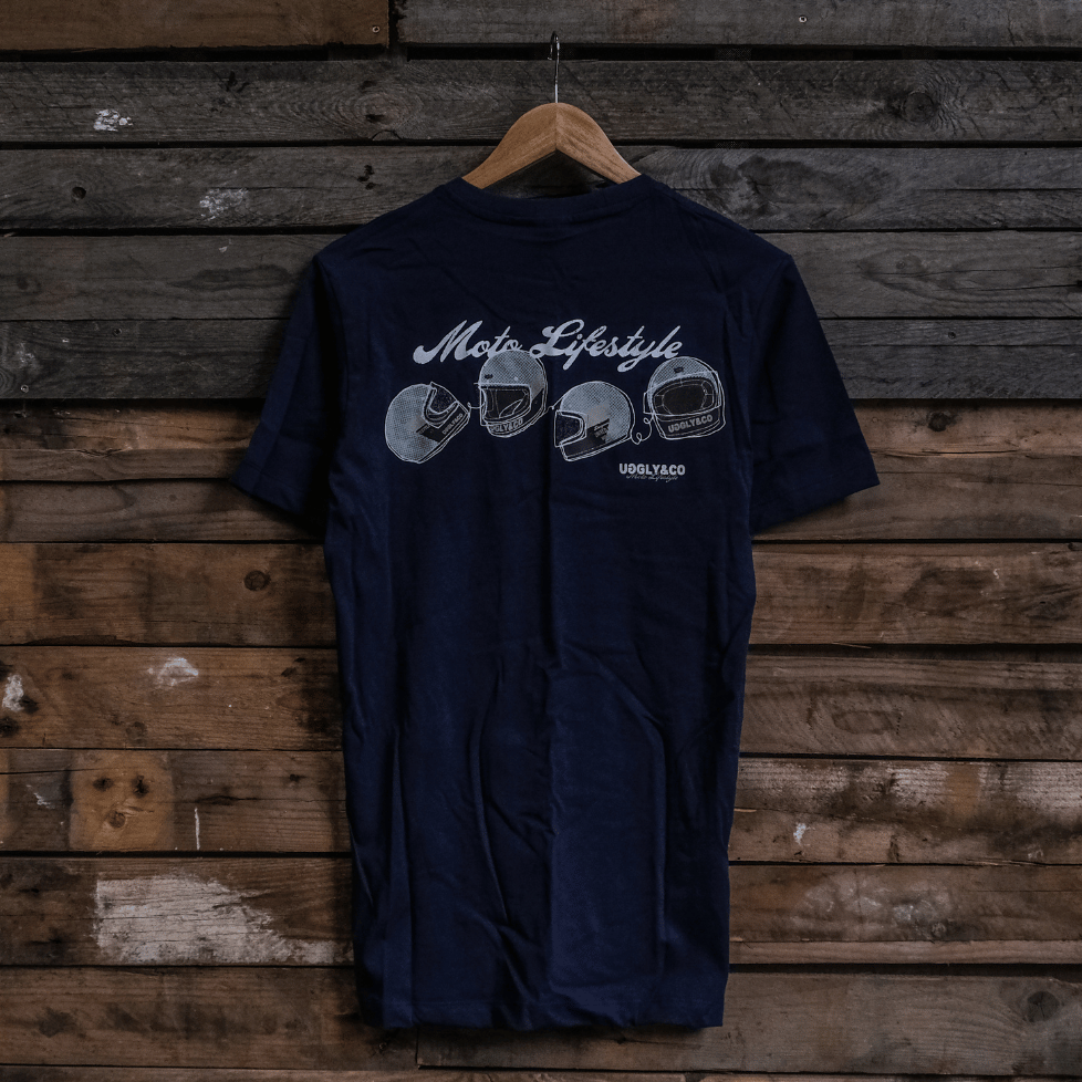 Black t-shirt with 'Moto Lifestyle' design on a wooden background