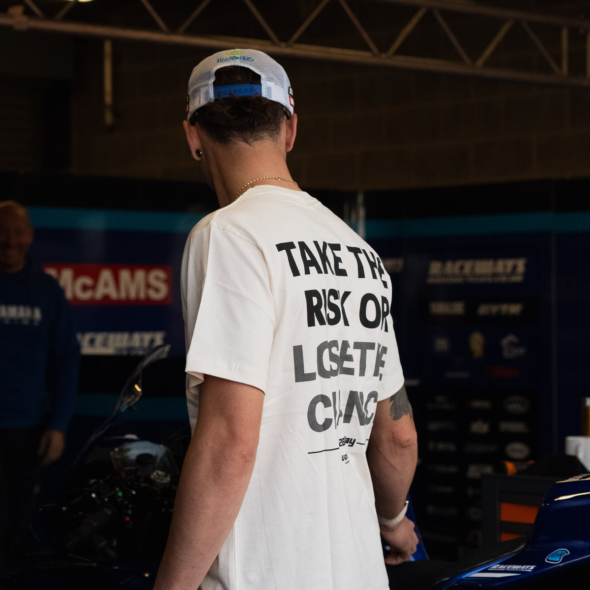 Bradley Ray 'Take the Risk' T-Shirt photographed in mcams garage