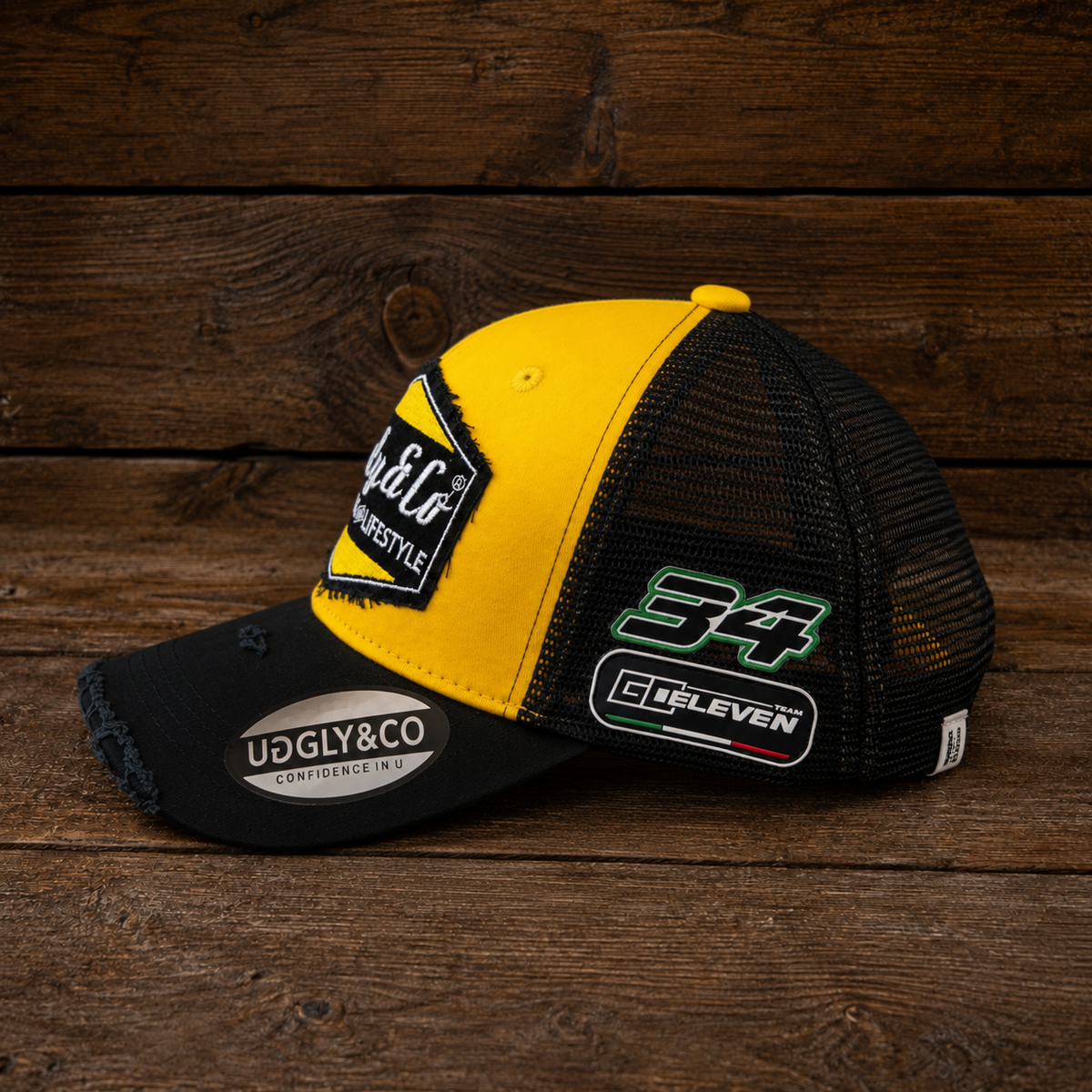 Side view of the Yellow & Black Vintage Diamond Cap with go eleven branding